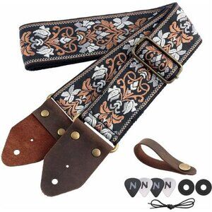 Retro guitar strap embroidered cotton leather end adjustable for acoustic bass